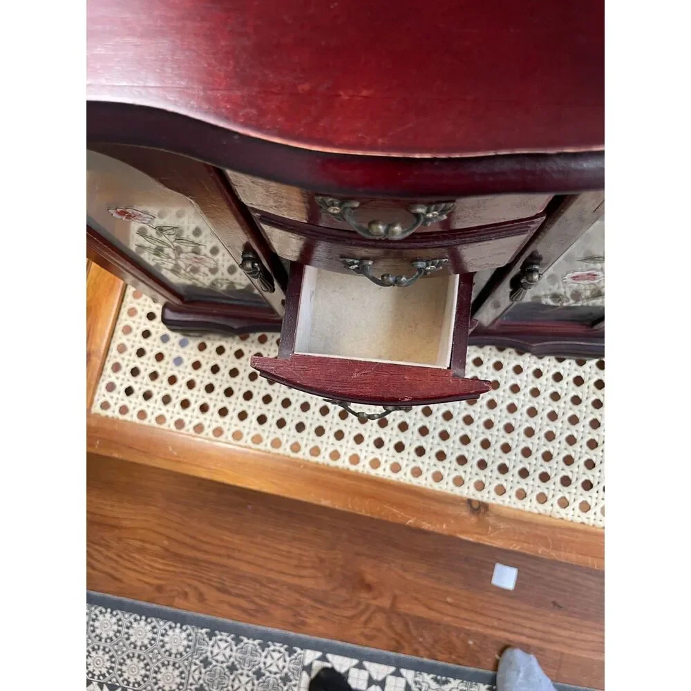 Vintage Wooden Jewelry Armoire Box with Floral Glass Doors & Necklace Carousel